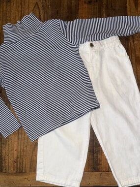 Little English Navy Stripe Turtleneck Top with Zara Kids White Linen Pants